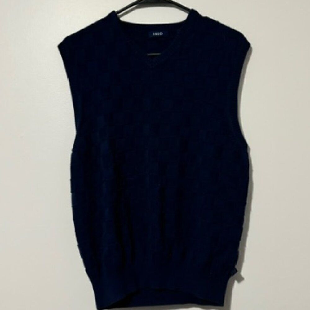 USED Men's IZOD No Sleeve Vest Square Pattern V Neck Color Navy Blue Size M